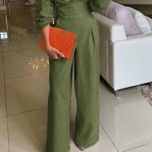 Army Green Elegant Women's Casual Solid Color Lantern Sleeve Jumpsuit
